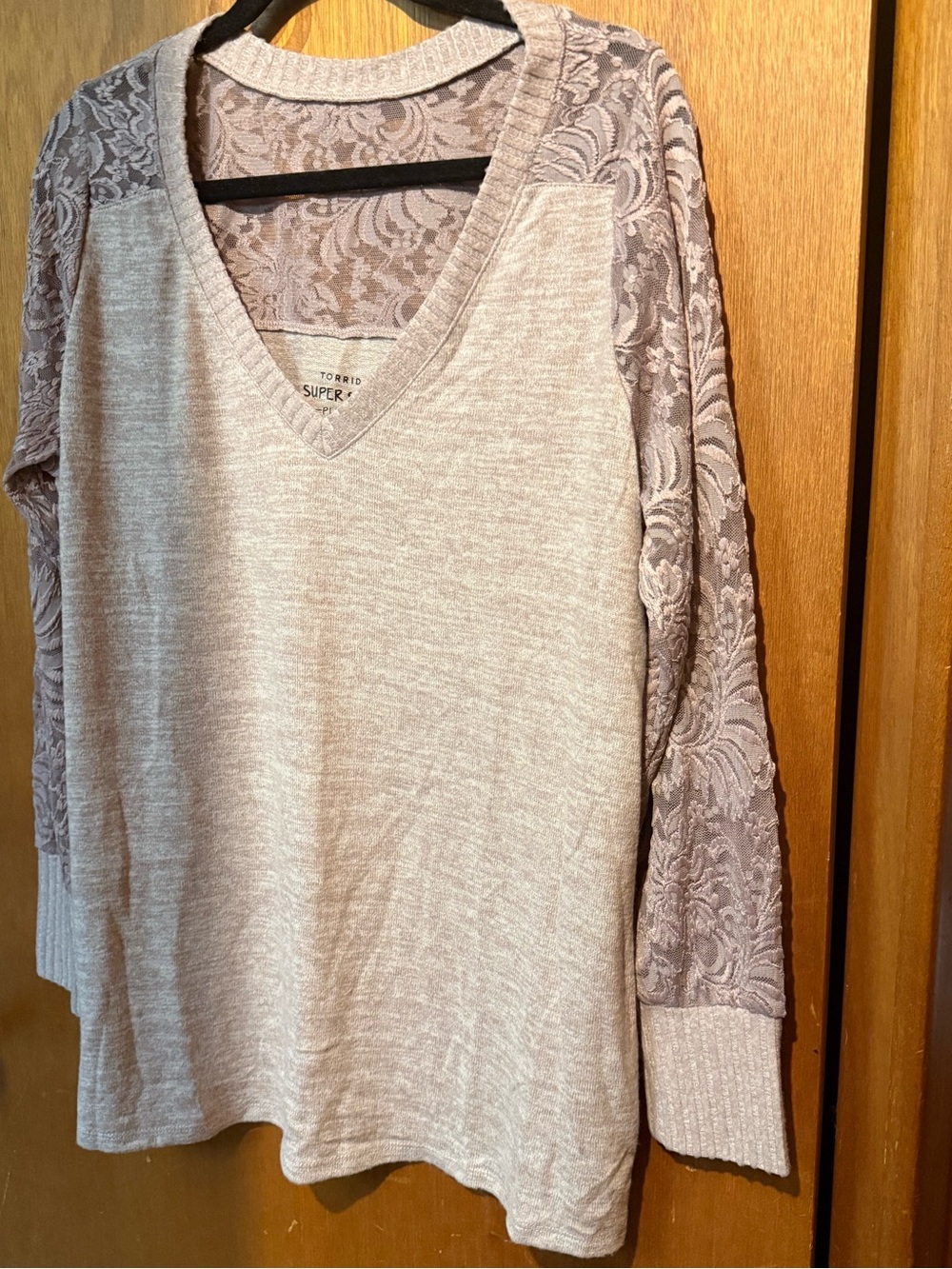torrid Taupe V-Neck Sweater with Lace Sleeve Panels